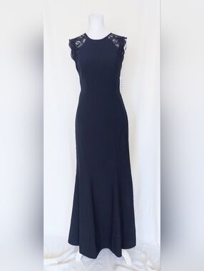 Dessy Collection Vivian Diamond 3015 Lace Back Trumpet Gown Midnight Blue Sz 0